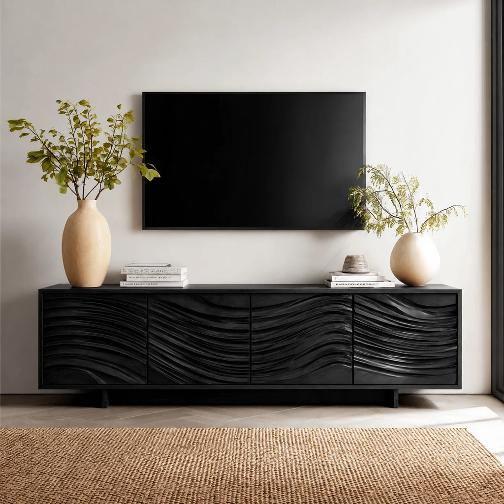 Artisan Wave Natural Solid Wood TV Stand with Sculpted Storage Doors