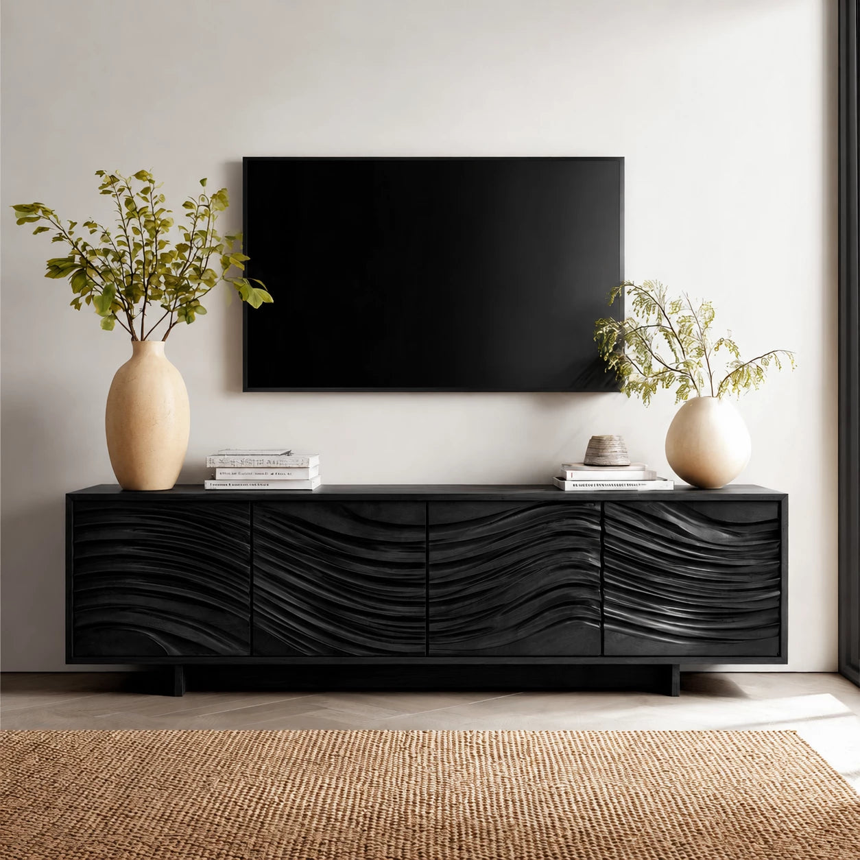 Artisan Wave Natural Solid Wood TV Stand with Sculpted Storage Doors