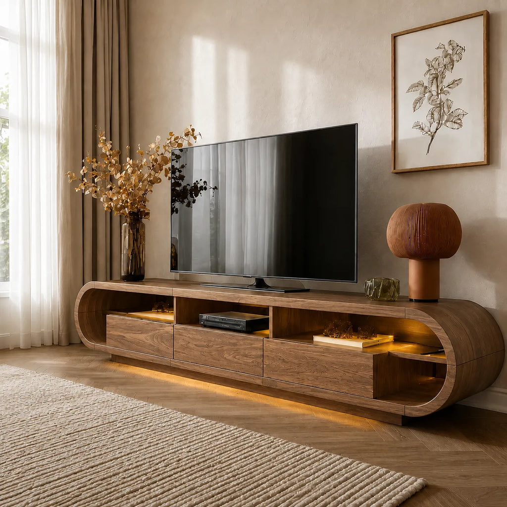 Rounded Edge TV Stand with Open Shelving and Drawer Storage Console