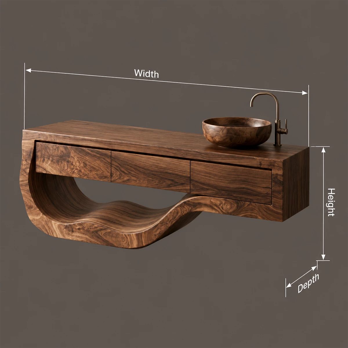 Natural Solid Wood Bathroom Vanity with Three Drawers and Sculptural Wave Base