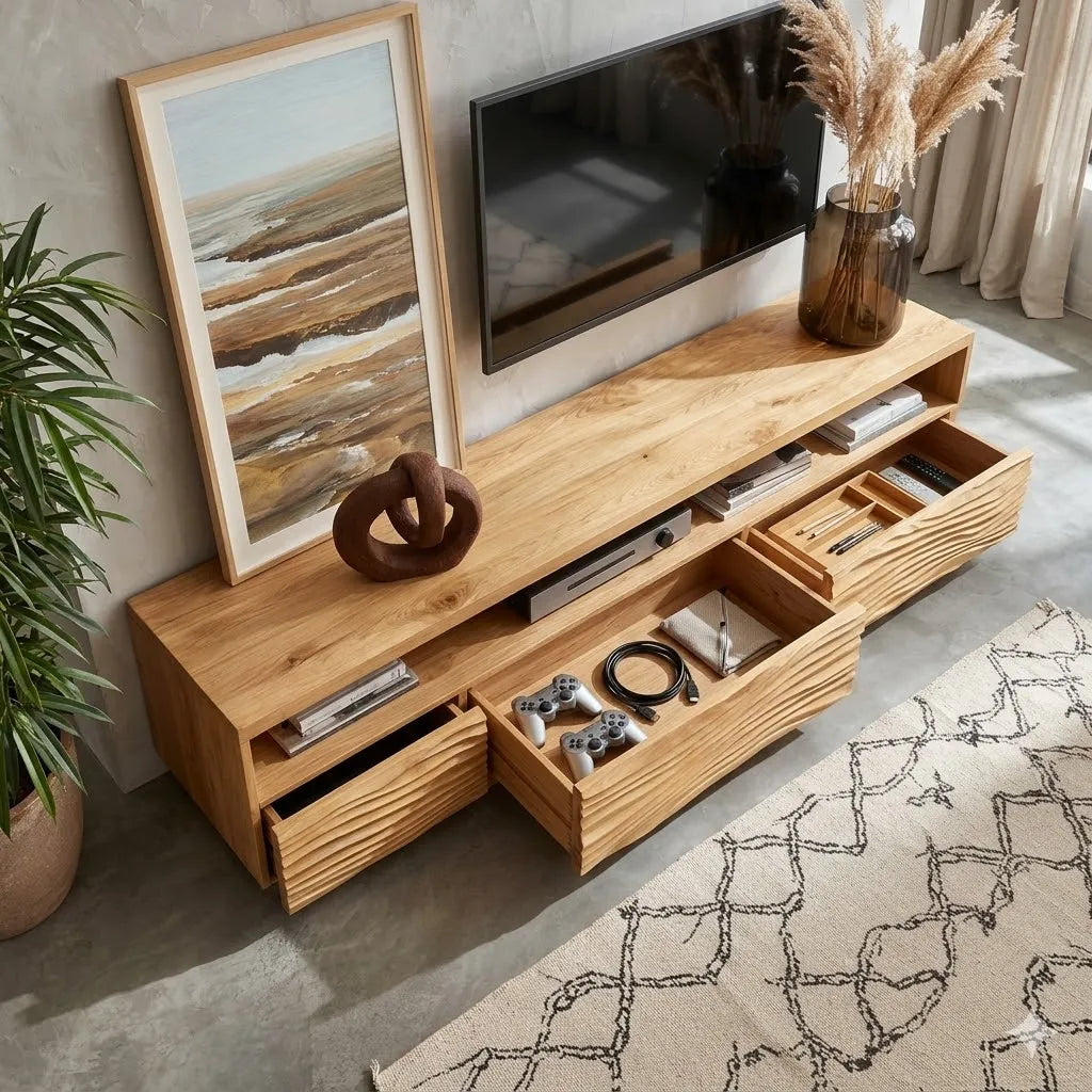 Modern Natural Solid Wood TV Stand with Wave Front Cabinet Design