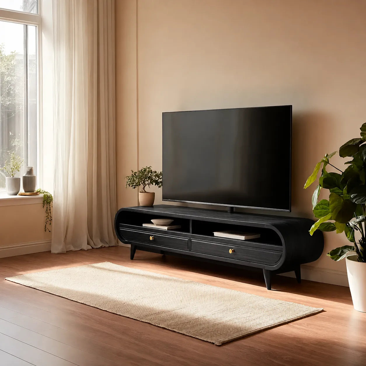 Retro Natural Solid Wood TV Stand with Rounded Edge Media Storage