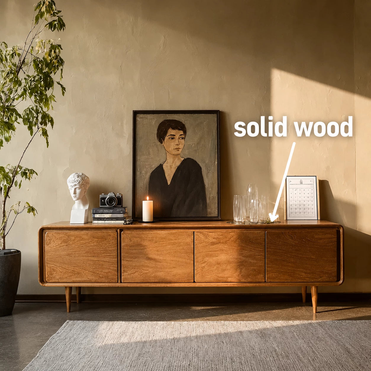 Low Profile Natural Solid Wood TV Stand with Rounded Four Door Storage