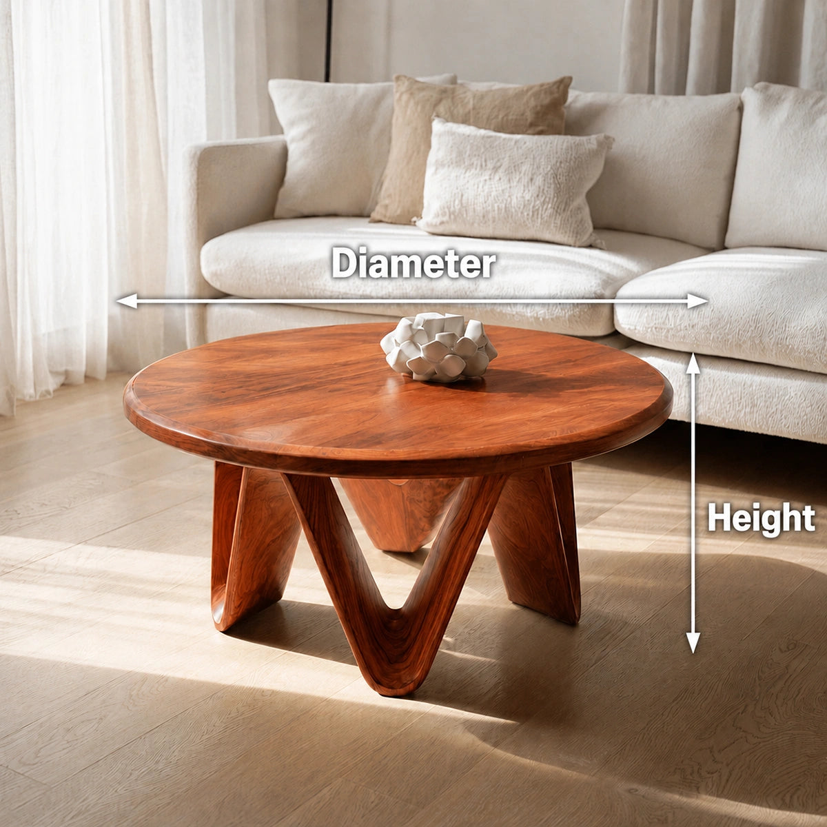 Natural Solid Wood Round Coffee Table with Sculptural V-Shaped Legs