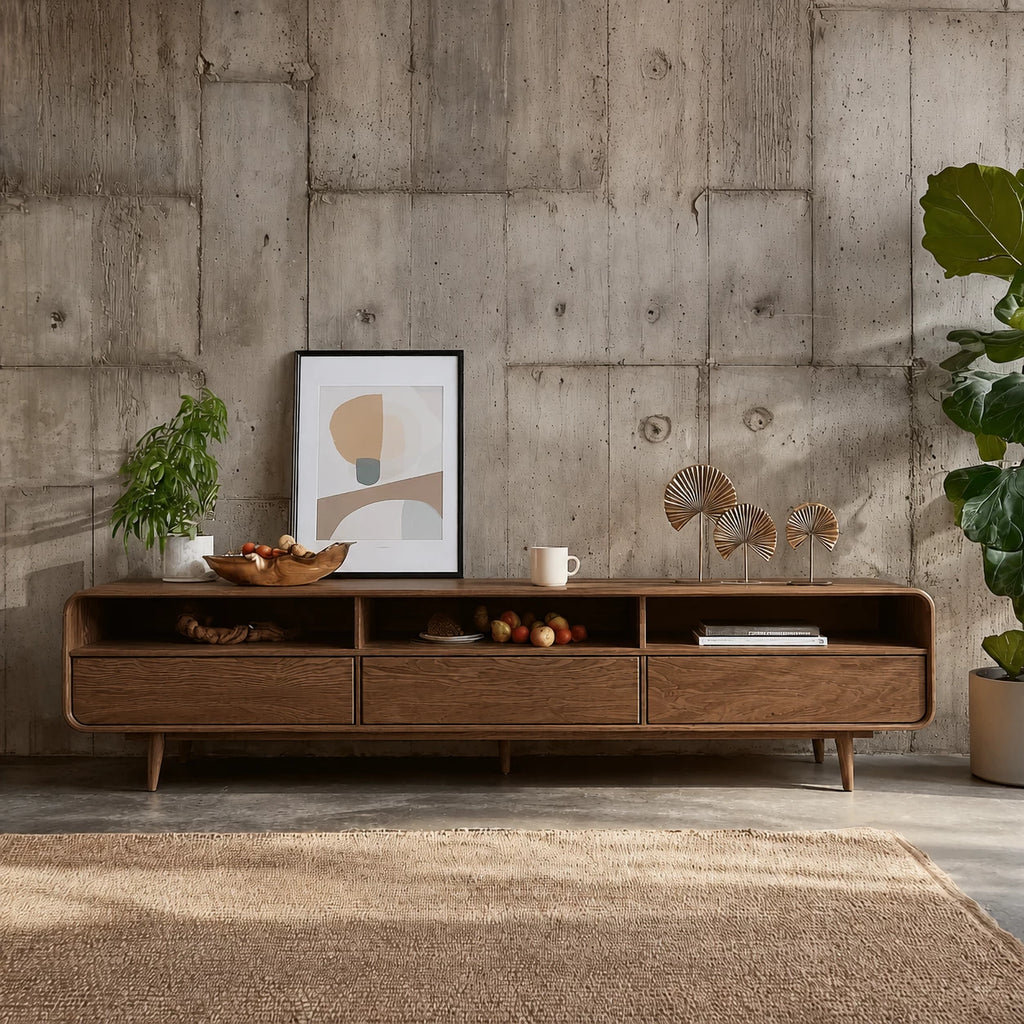 Scandinavian Natural Solid Wood TV Stand with Open Shelf Storage