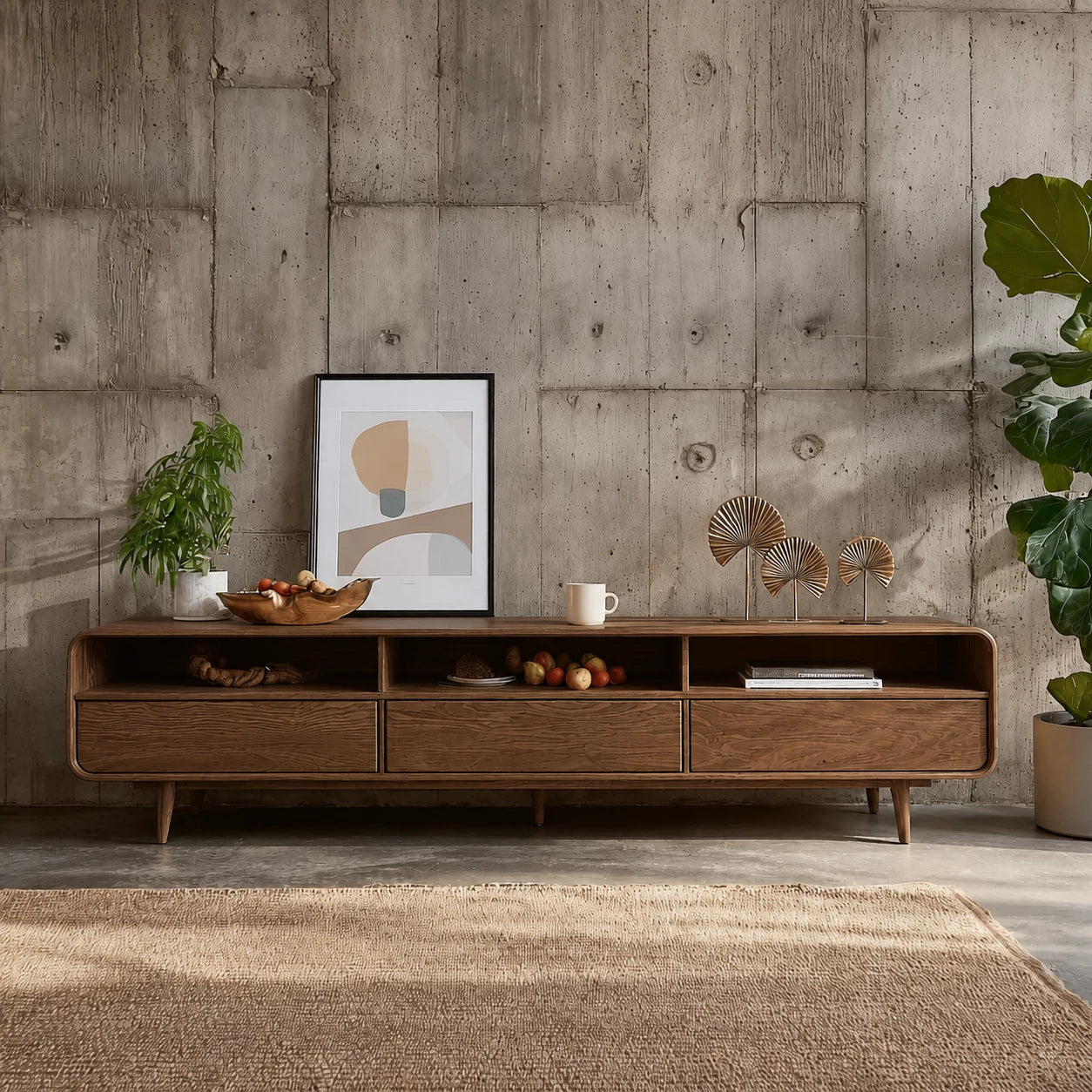 Scandinavian Natural Solid Wood TV Stand with Open Shelf Storage