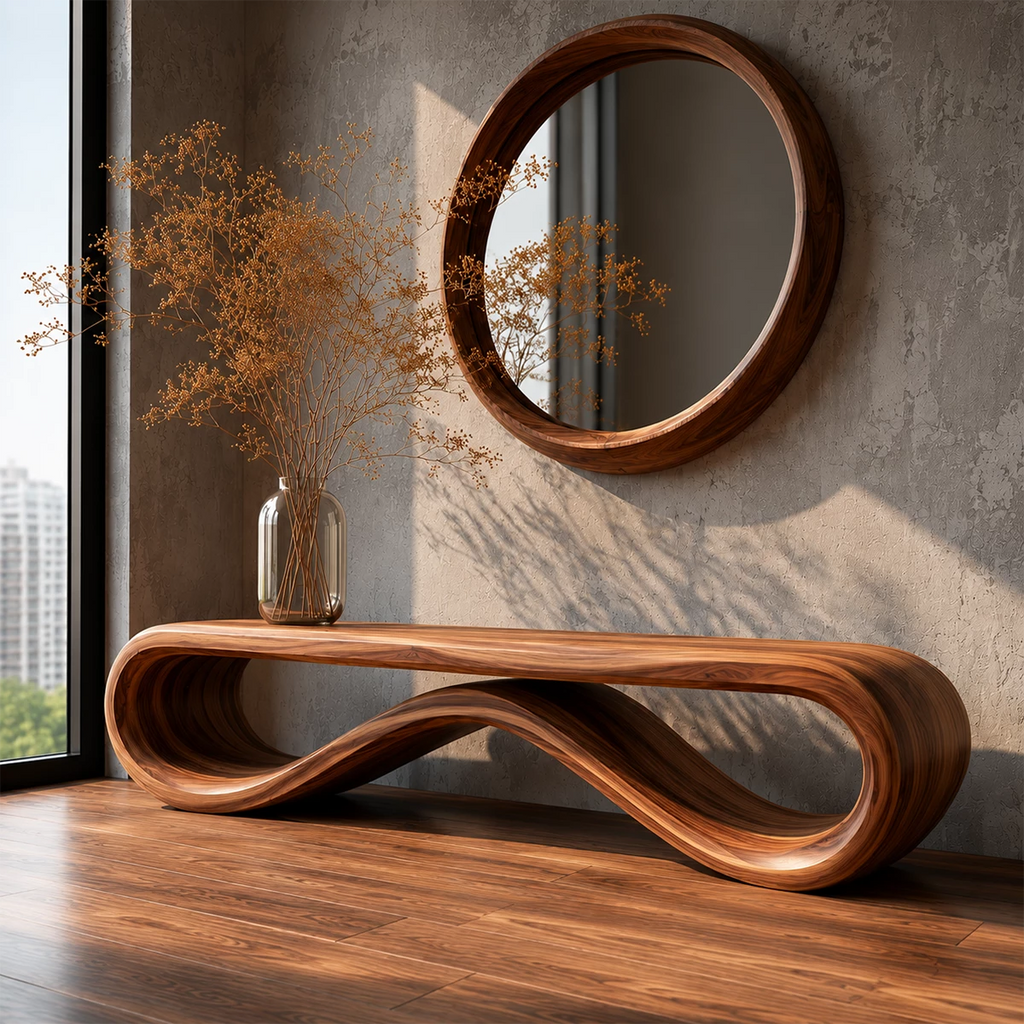Sculptural Wave Wood Bench – Organic Natural Wood Entryway Bench for Modern Interior