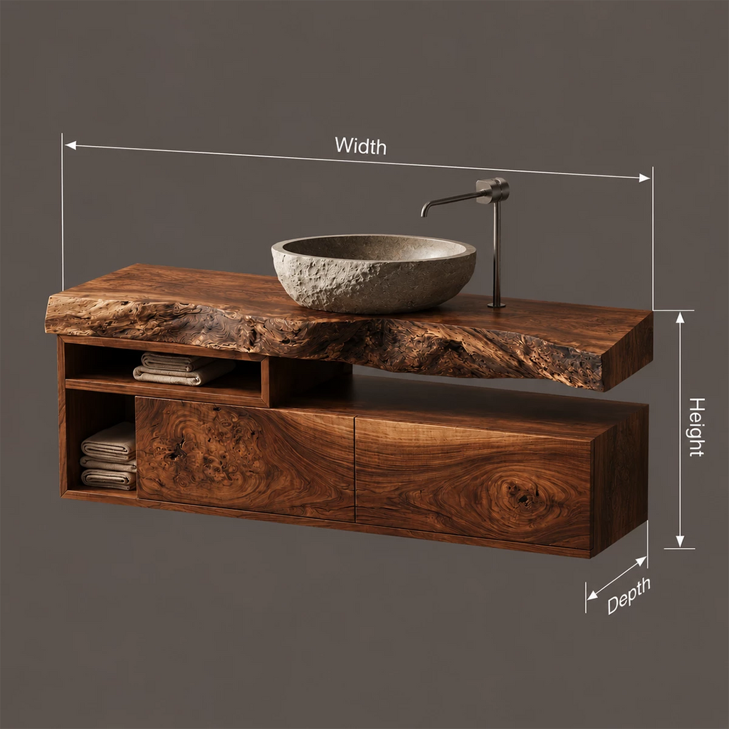 Natural Solid Wood Floating Bathroom Vanity with Two Drawers and Open Shelves
