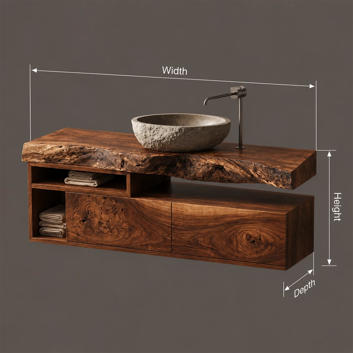 Natural Solid Wood Floating Bathroom Vanity with Two Drawers and Open Shelves