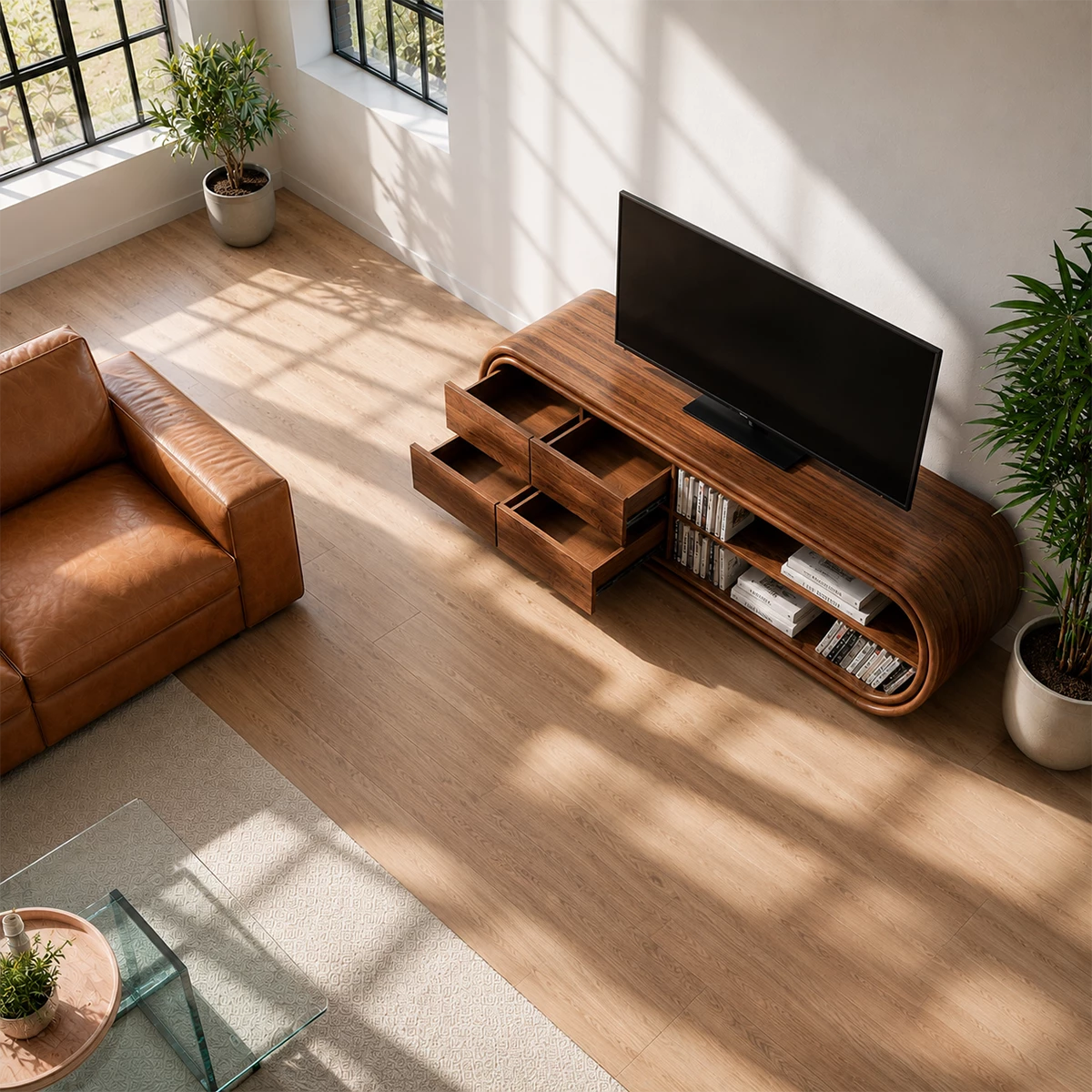 Natural Solid Wood TV Stand with Four Drawers and Rounded Open Shelves