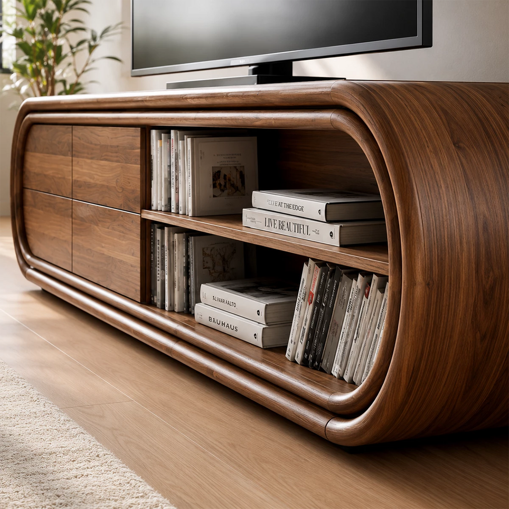 Natural Solid Wood TV Stand with Four Drawers and Rounded Open Shelves