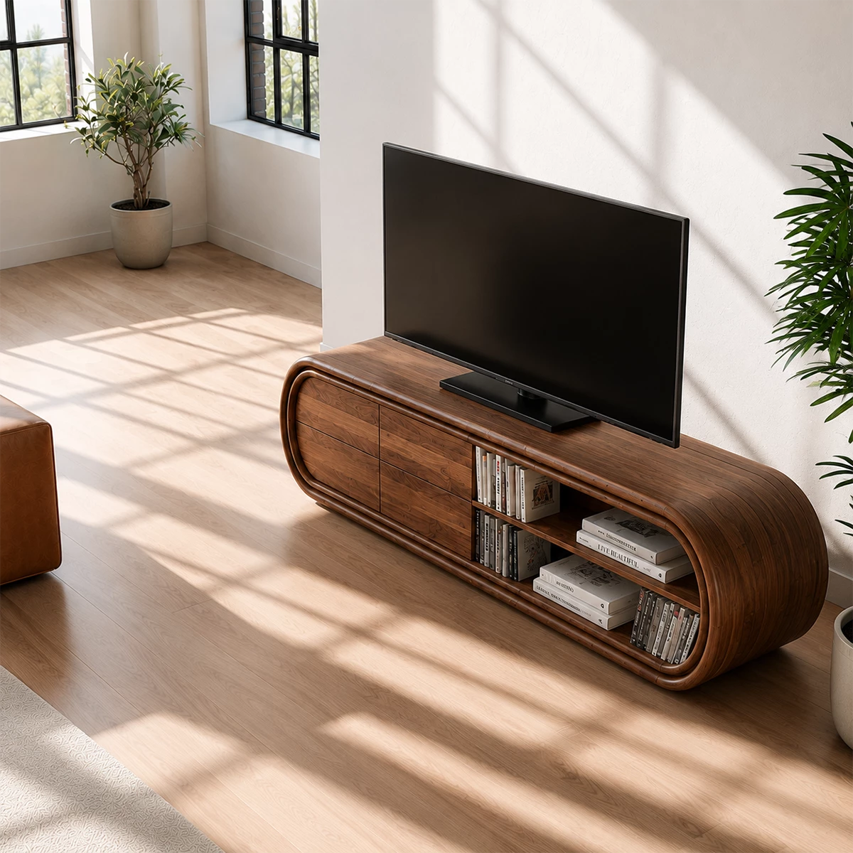 Natural Solid Wood TV Stand with Four Drawers and Rounded Open Shelves