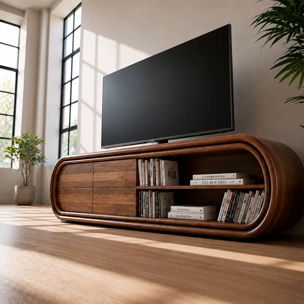 Natural Solid Wood TV Stand with Four Drawers and Rounded Open Shelves