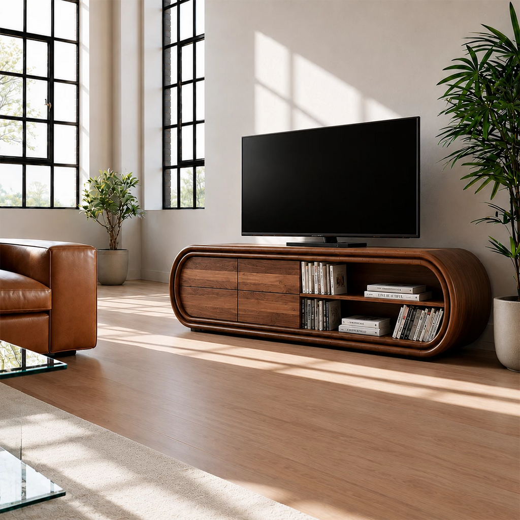 Natural Solid Wood TV Stand with Four Drawers and Rounded Open Shelves