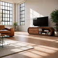 Natural Solid Wood TV Stand with Four Drawers and Rounded Open Shelves
