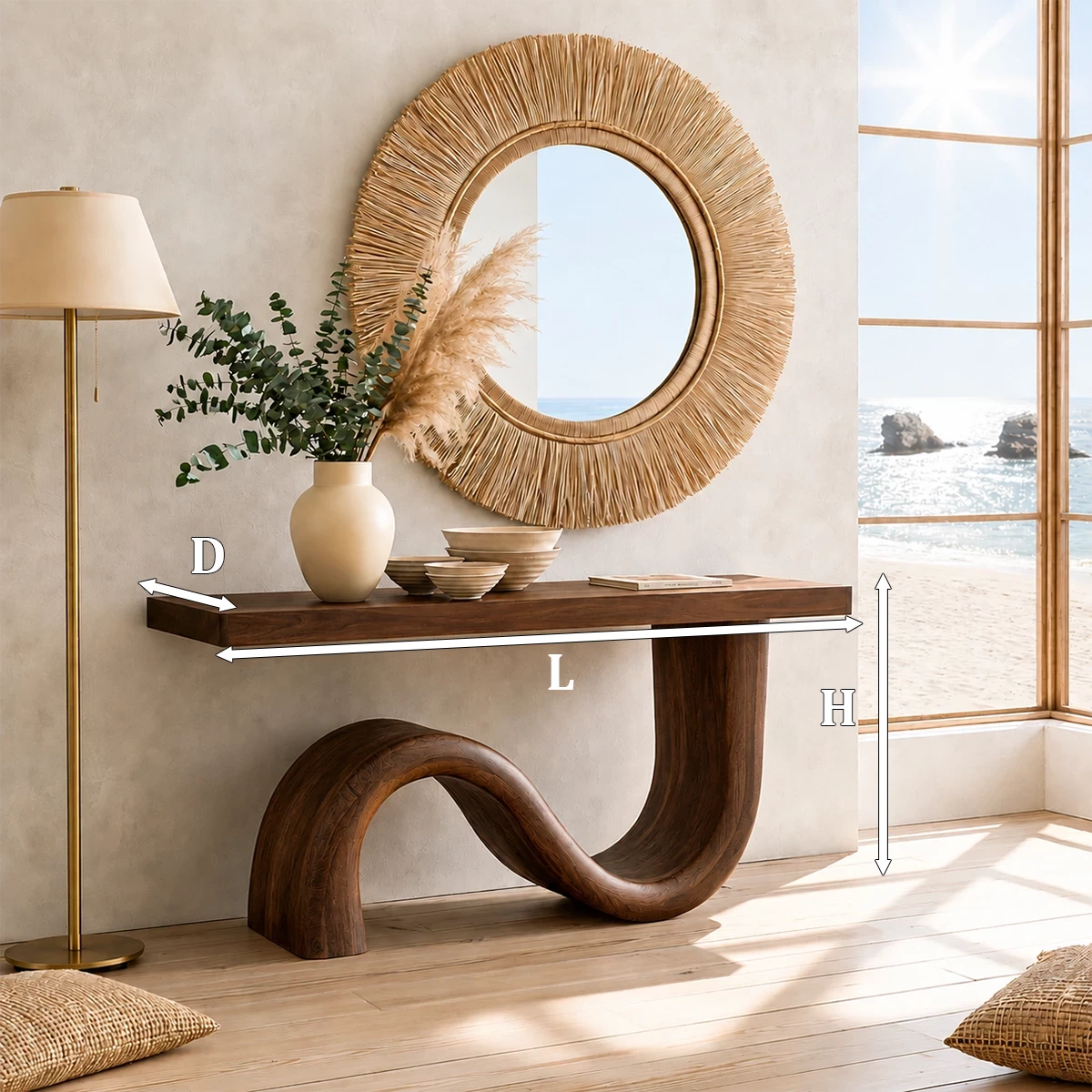 Natural Solid Wood Console Table Sculptural Wave Modern Style