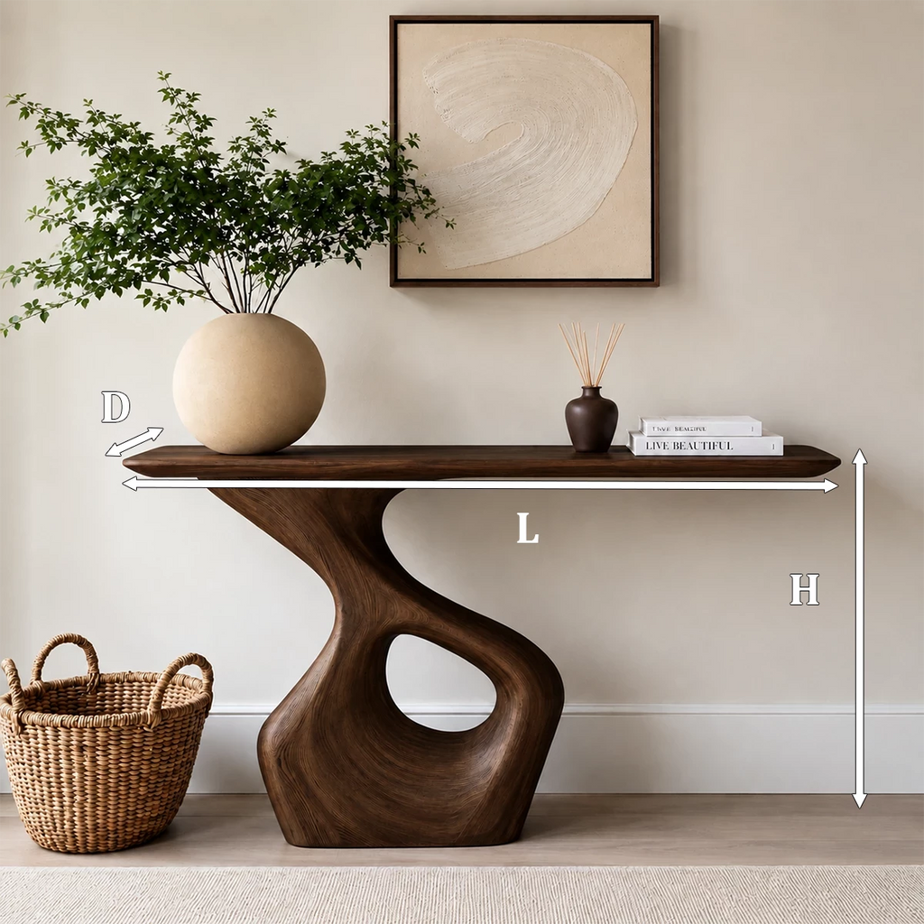 Natural Solid Wood Console Table with Abstract Cutout Pedestal Modern Style