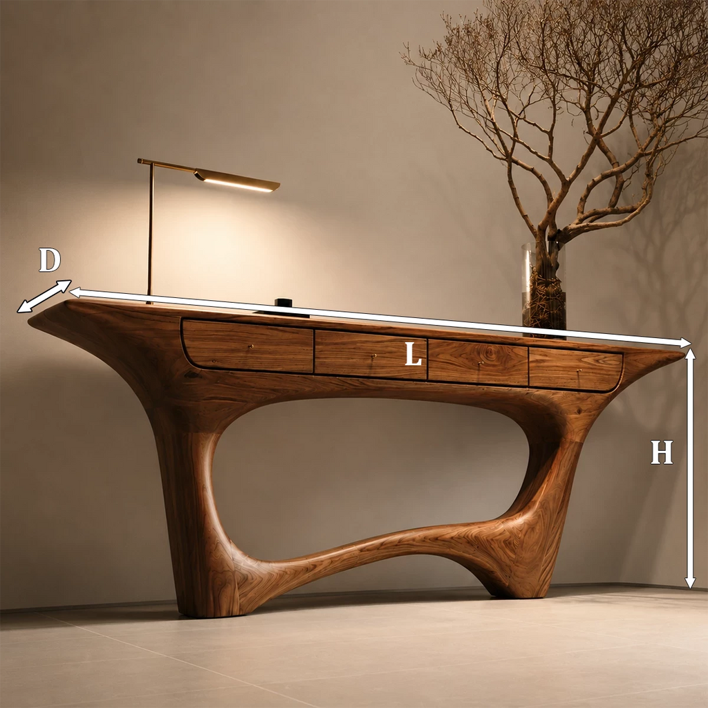 Natural Solid Wood Console Table with Four Drawers Sculptural Modern Style