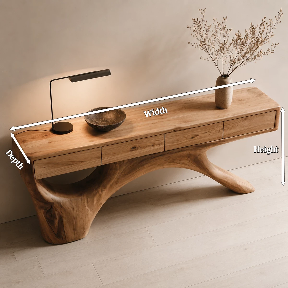Natural Solid Wood Console Table with Four Drawers Sculptural Branch Style