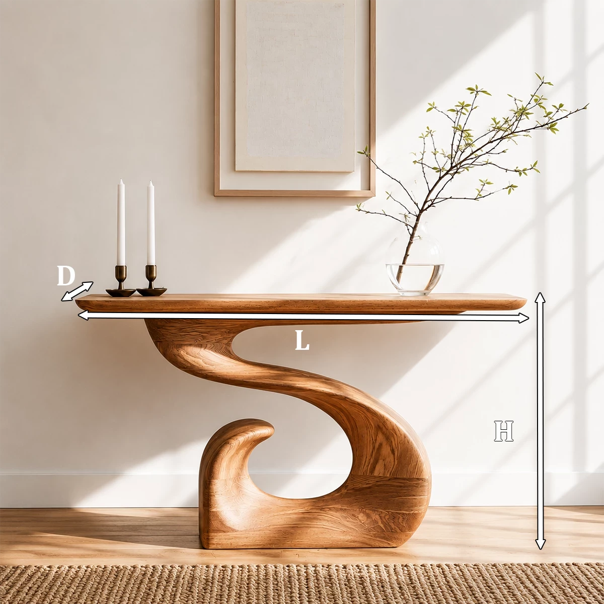 Natural Solid Wood Console Table Sculptural Spiral Wabi Sabi Style