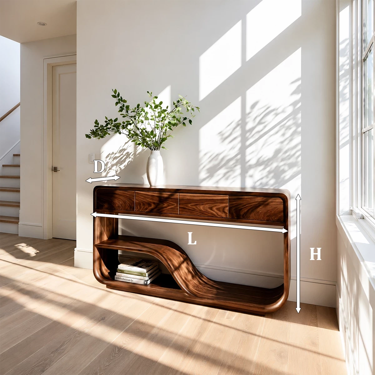 Natural Solid Wood Console Table with Four Drawers Modern Sculptural Style