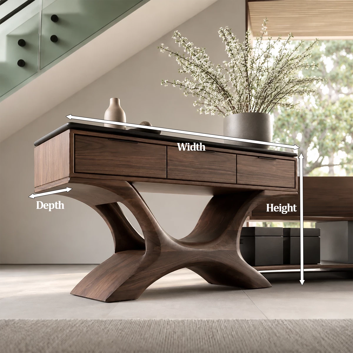 Natural Solid Wood Console Table with Three Drawers Sculptural Modern Style