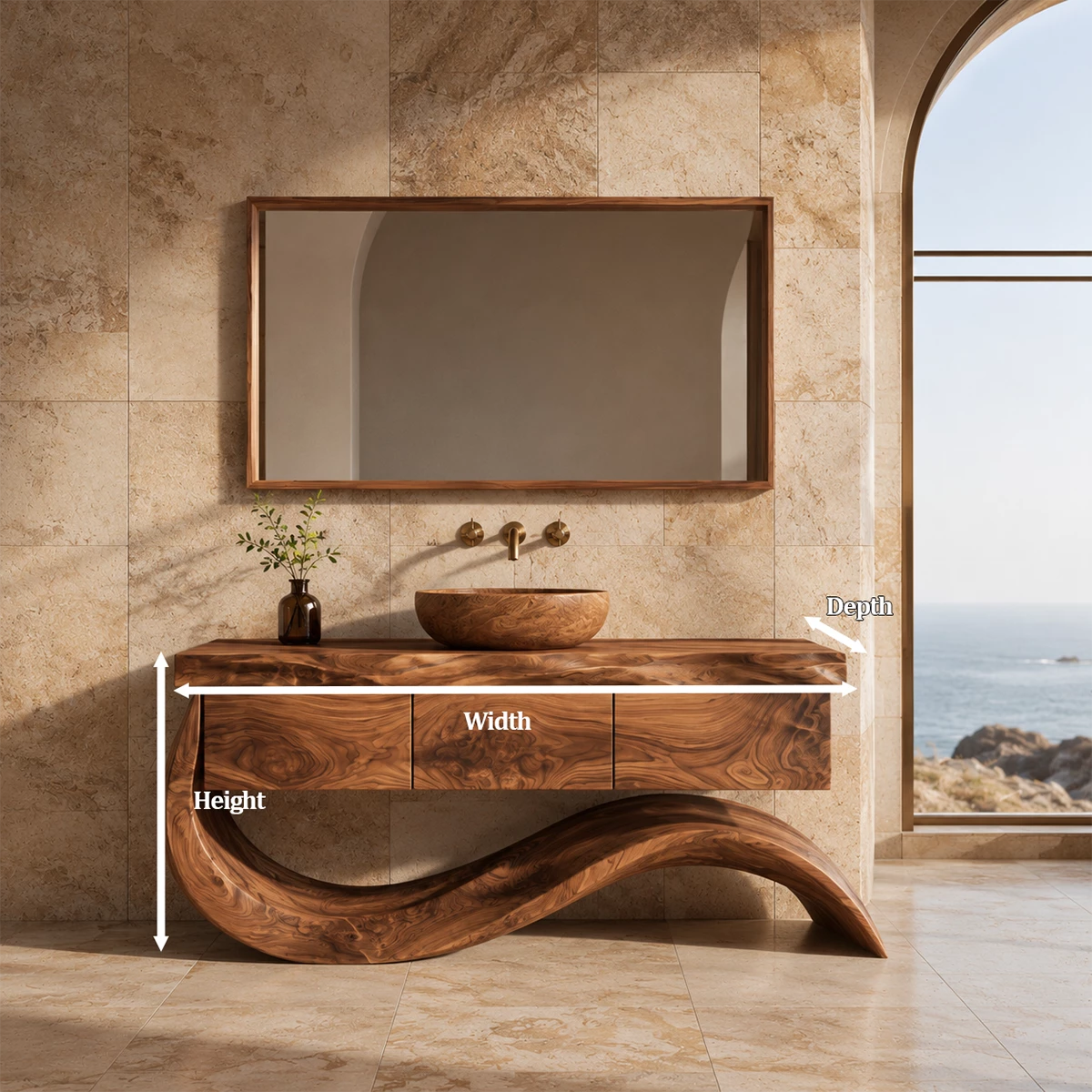 Organic Solid Wood Bathroom Vanity With Wave Sculptural Base