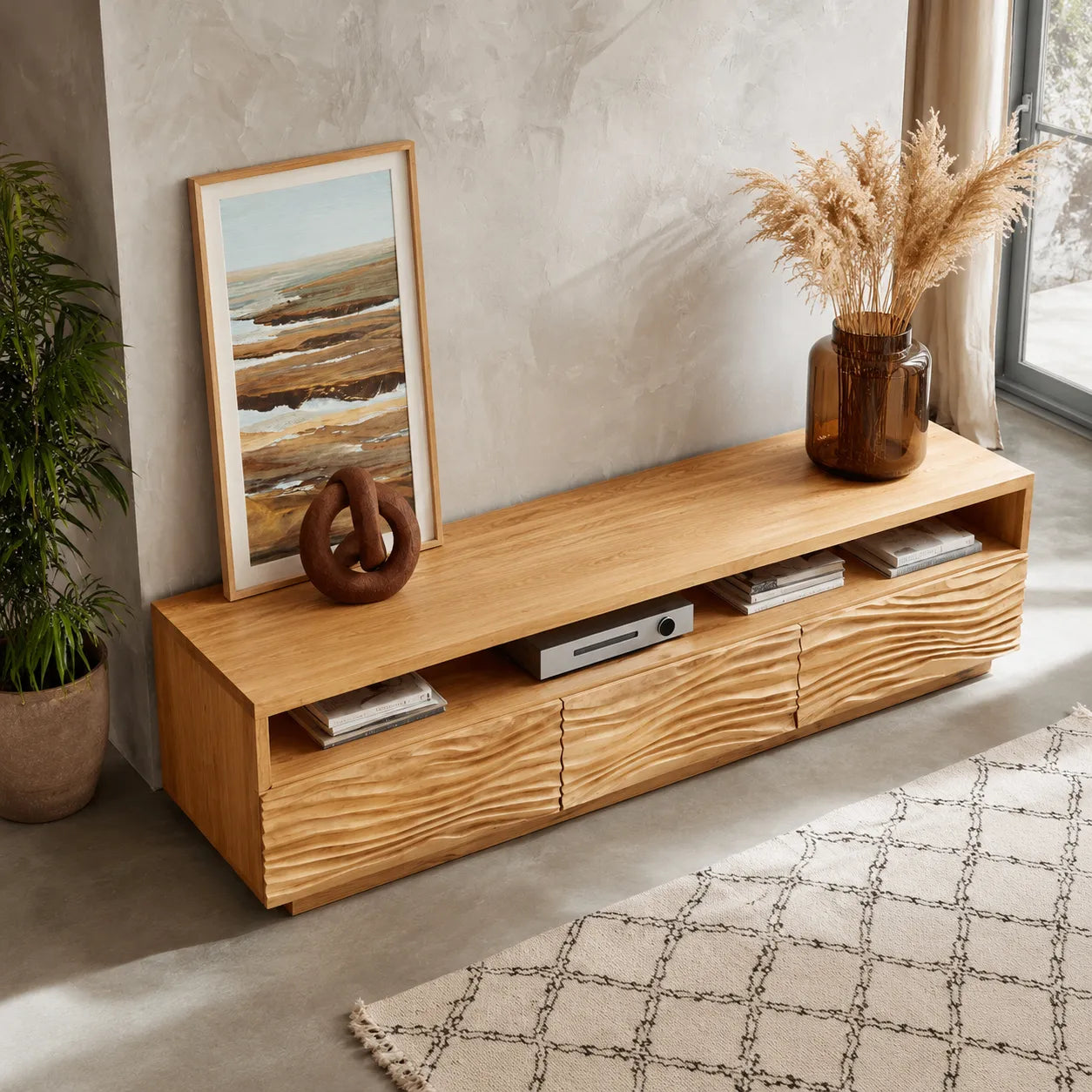 Wave Front TV Stand with Sculpted Storage and Open Display Shelf