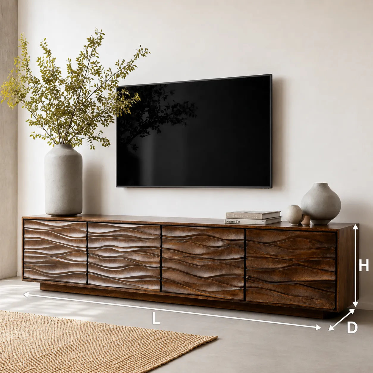 Wave Front Natural Solid Wood TV Stand with Sculpted Storage Design