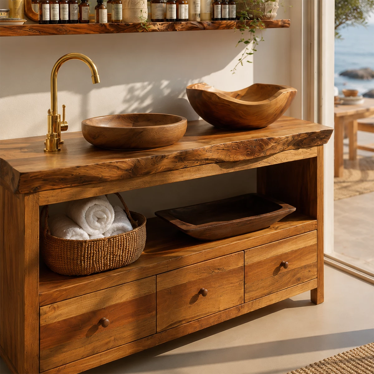 Natural Wood Bathroom Vanity With Double Vessel Sinks & Open Storage