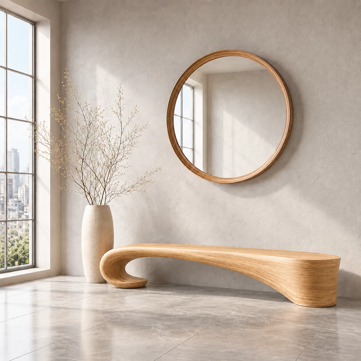 Sculptural Wave Wood Bench – Organic Natural Wood Entryway Bench for Modern Interior