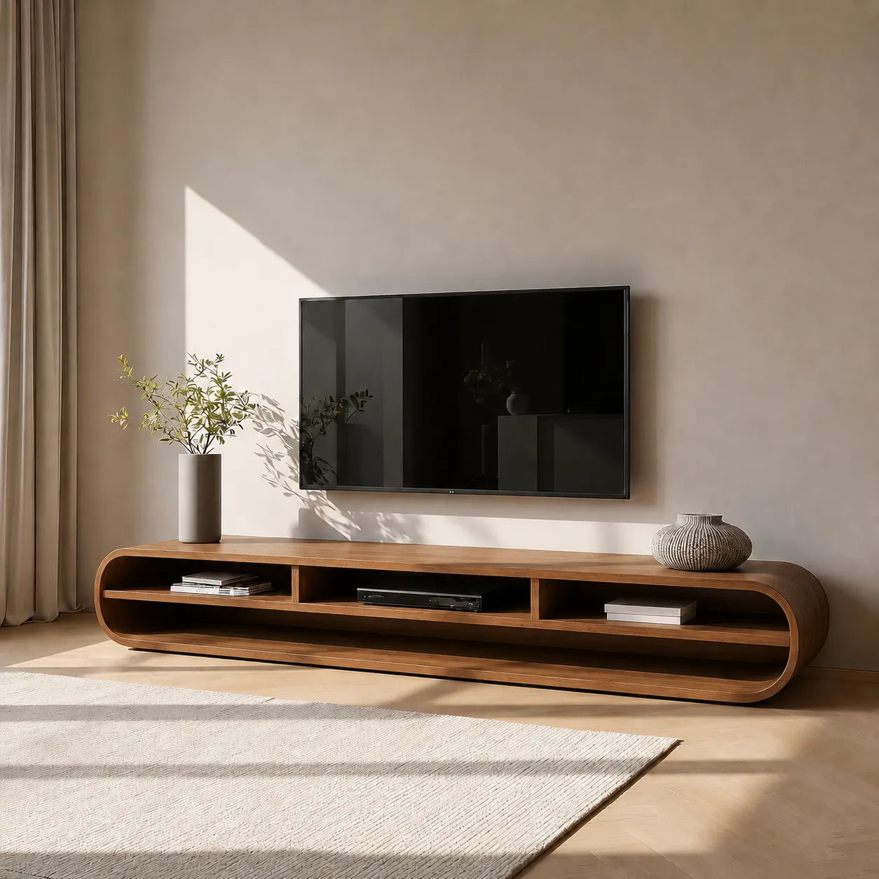 Capsule Natural Solid Wood TV Stand with Long Open Media Shelves
