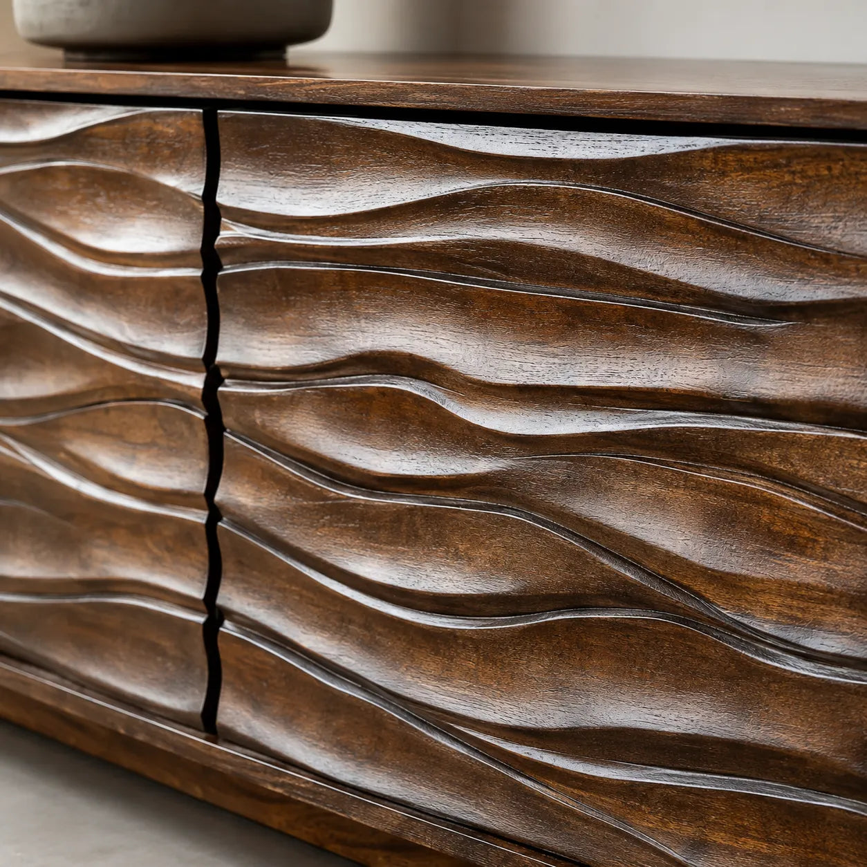 Wave Front Natural Solid Wood TV Stand with Sculpted Storage Design