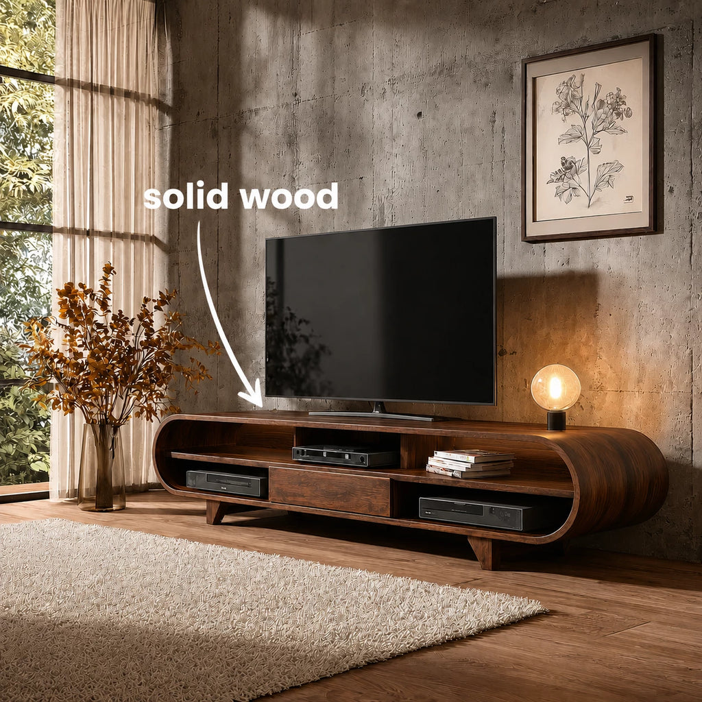 Rounded Edge Natural Solid Wood TV Stand with Open Media Storage