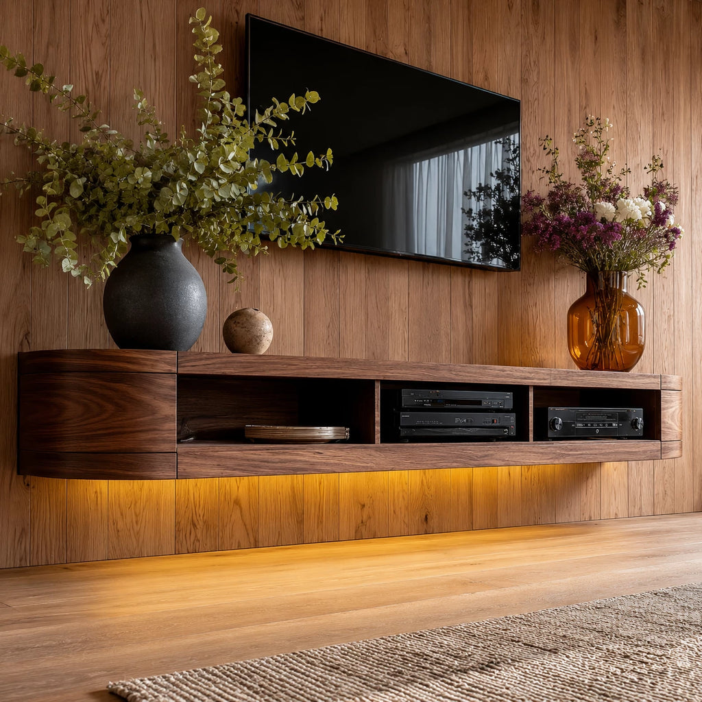Wall Mounted Natural Solid Wood TV Stand with Open Media Storage Design