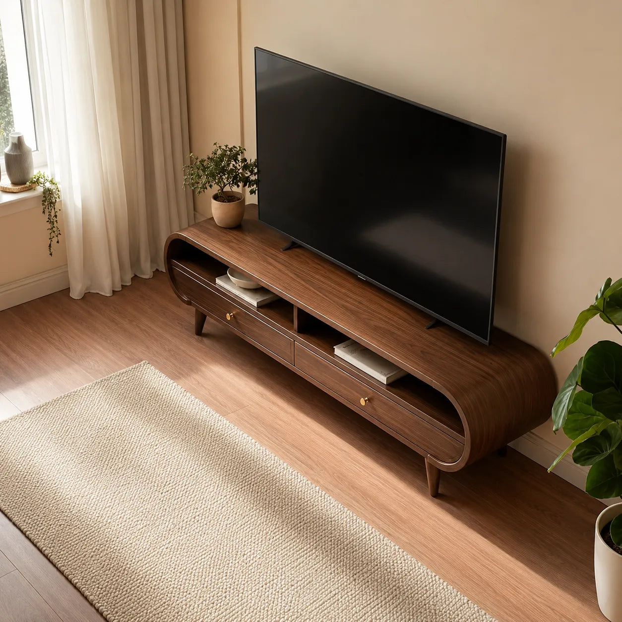 Retro Natural Solid Wood TV Stand with Rounded Edge Media Storage