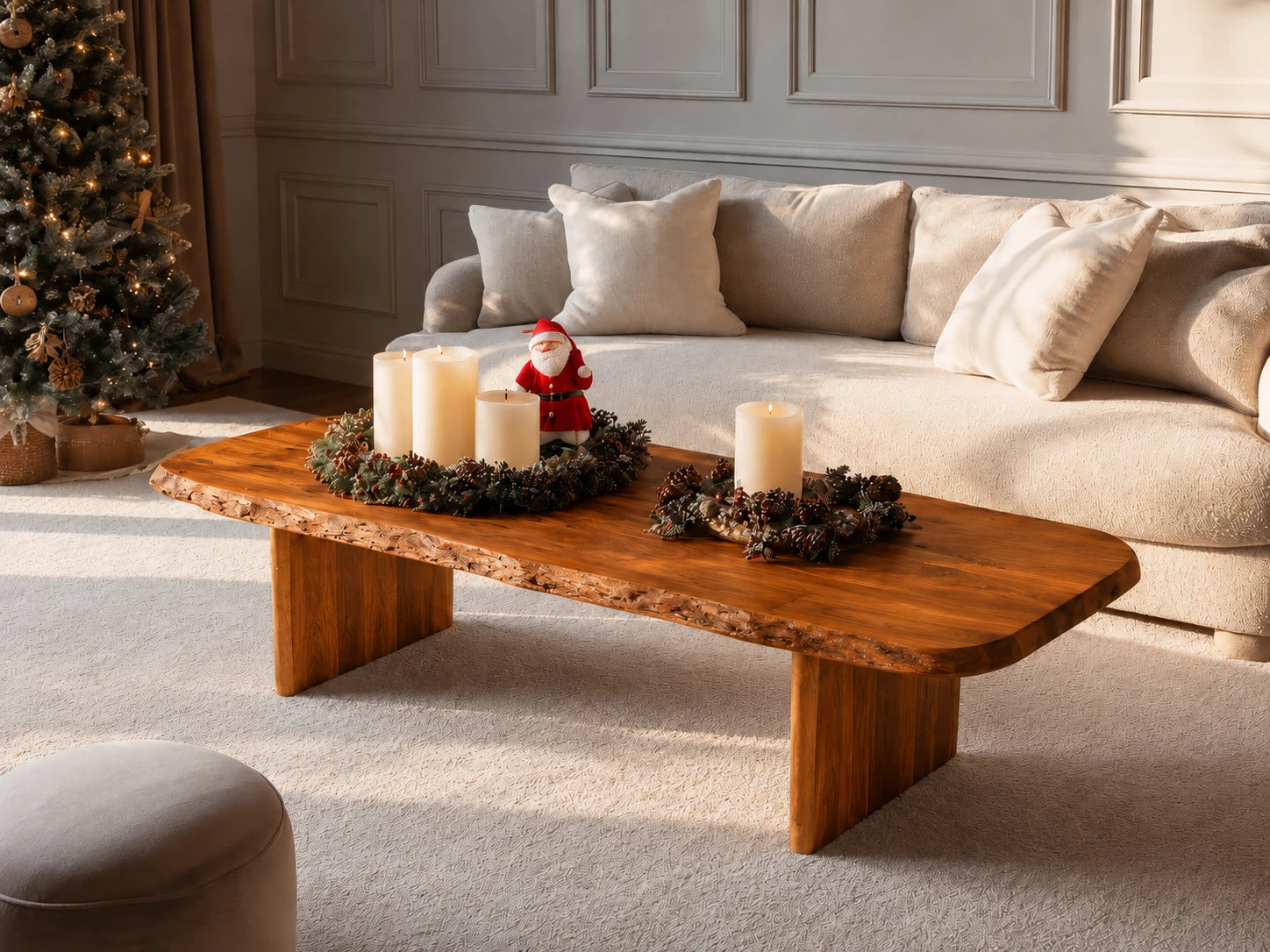 Live Edge Natural Solid Wood Coffee Table with Rustic Modern Form