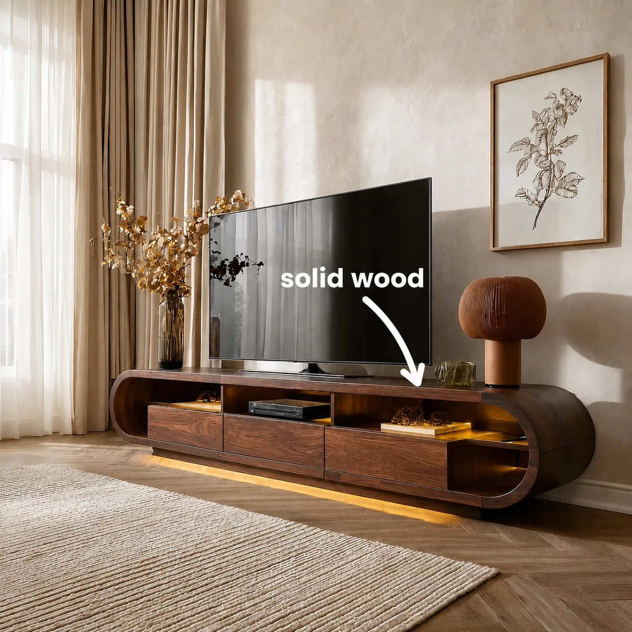 Rounded Edge TV Stand with Open Shelving and Drawer Storage Console