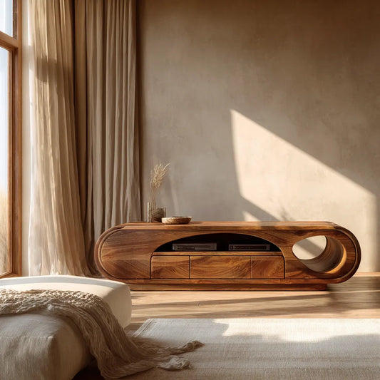 Artisan Natural Solid Wood TV Stand with Curved Open Media Storage - Echotimber