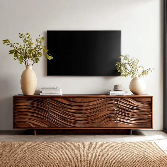 Artisan Wave Natural Solid Wood TV Stand with Sculpted Storage Doors - Echotimber