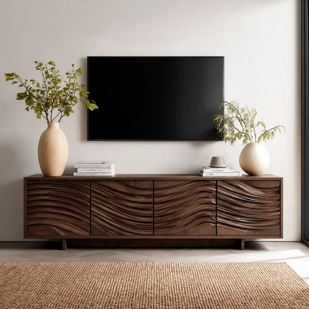 Artisan Wave Natural Solid Wood TV Stand with Sculpted Storage Doors - Livewoodcraft - 12