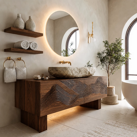 Artistic Bathroom Vanity with Layered Wave Carved Front in Natural Solid Wood - Echotimber
