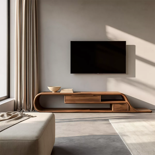 Asymmetrical Sculptural Solid Wood TV Stand With Curved Loop Frame, Open Storage And Drawers For Living Room - Echotimber