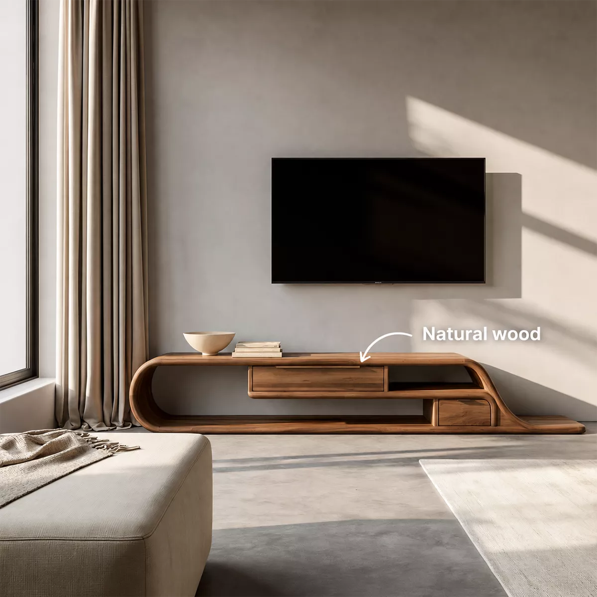 Asymmetrical Sculptural Solid Wood TV Stand With Curved Loop Frame, Open Storage And Drawers For Living Room - Livewoodcraft - 10
