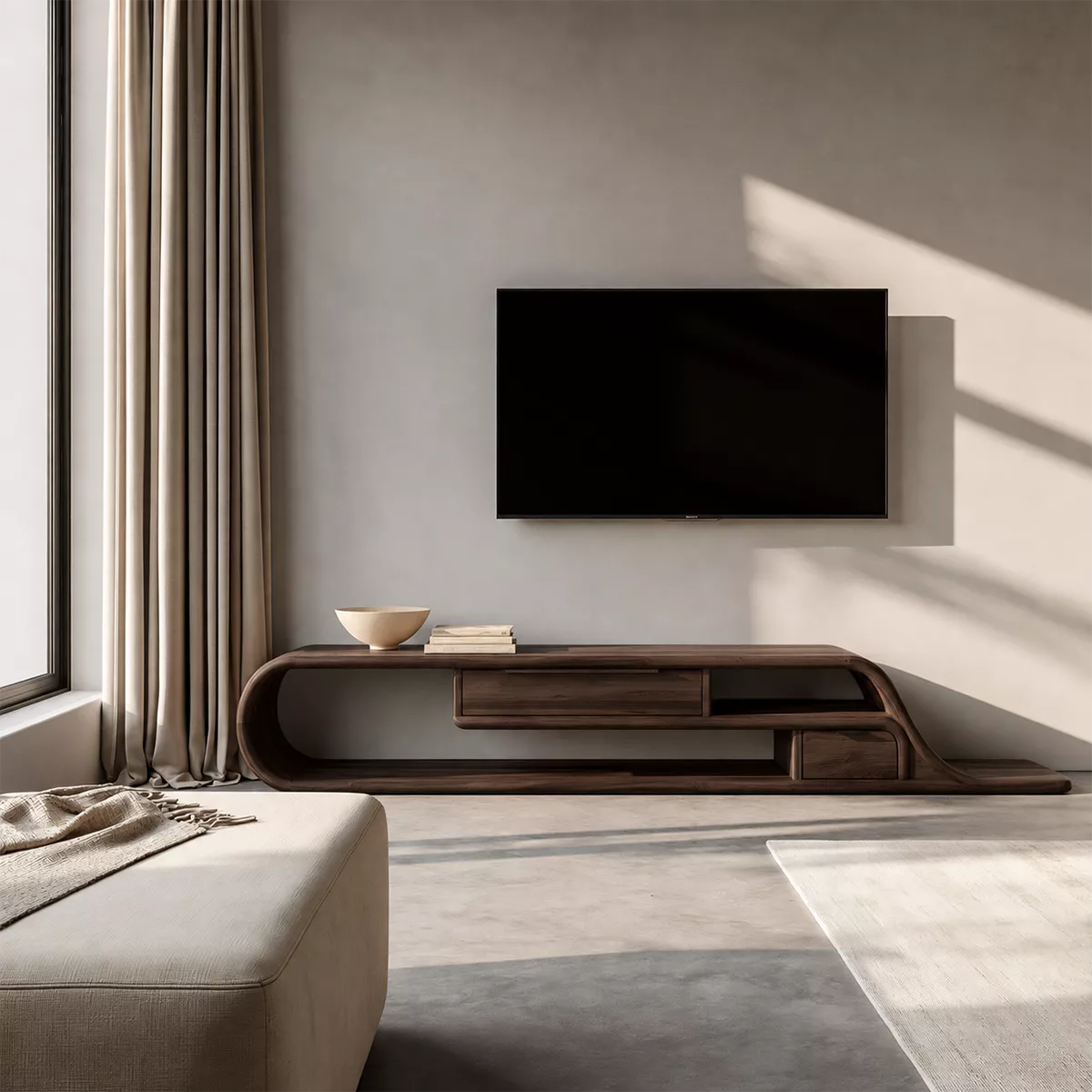 Asymmetrical Sculptural Solid Wood TV Stand With Curved Loop Frame, Open Storage And Drawers For Living Room - Livewoodcraft - 2