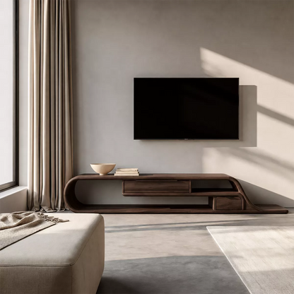 Asymmetrical Sculptural Solid Wood TV Stand With Curved Loop Frame, Open Storage And Drawers For Living Room - Livewoodcraft - 2
