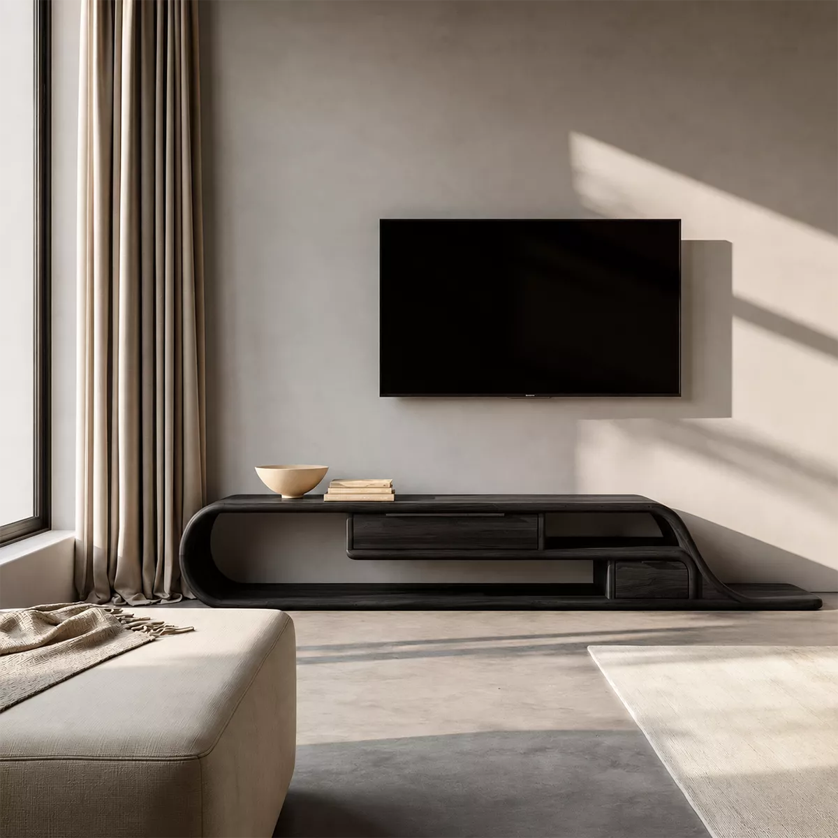 Asymmetrical Sculptural Solid Wood TV Stand With Curved Loop Frame, Open Storage And Drawers For Living Room - Livewoodcraft - 3