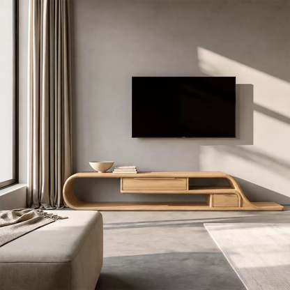 Asymmetrical Sculptural Solid Wood TV Stand With Curved Loop Frame, Open Storage And Drawers For Living Room - Livewoodcraft - 4