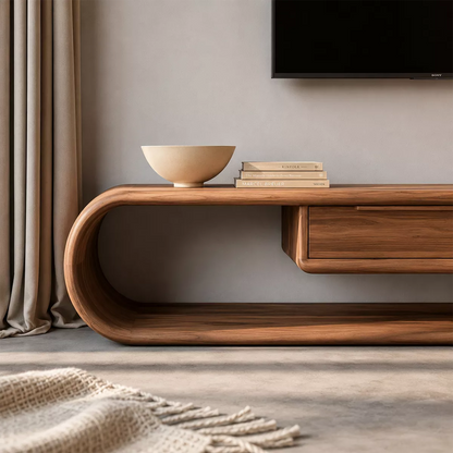 Asymmetrical Sculptural Solid Wood TV Stand With Curved Loop Frame, Open Storage And Drawers For Living Room - Livewoodcraft - 5