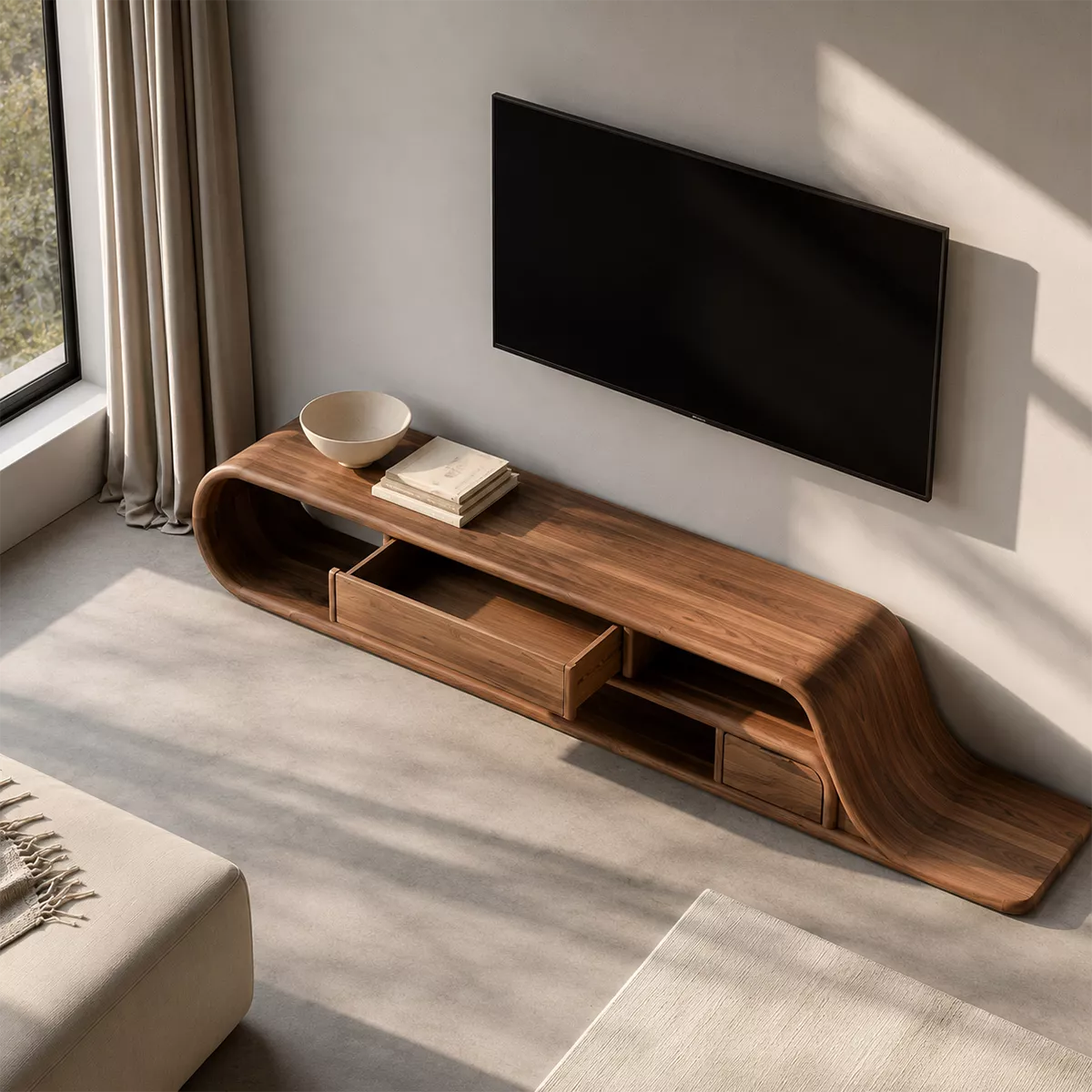 Asymmetrical Sculptural Solid Wood TV Stand With Curved Loop Frame, Open Storage And Drawers For Living Room - Livewoodcraft - 6